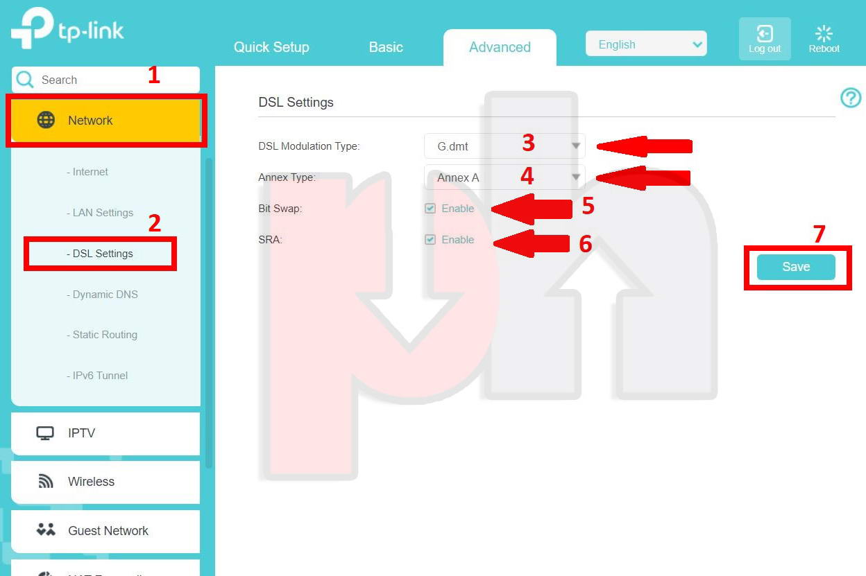 ADSL model configuration advanced page